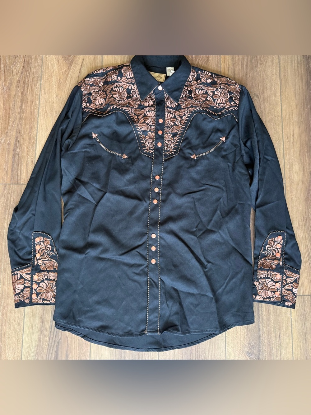 Scully Shirt Mens L Black Embroidered Long Sleeve Western Pearl Snap Floral NWT